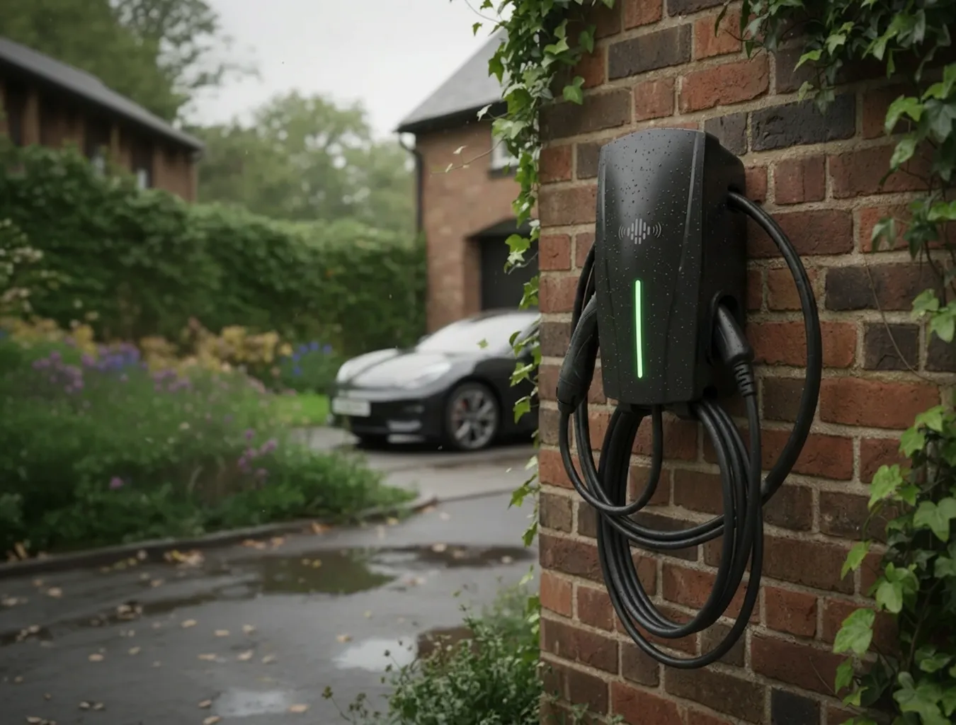 Black electric vehicle charger with a green light mounted on a brick wall outdoors.