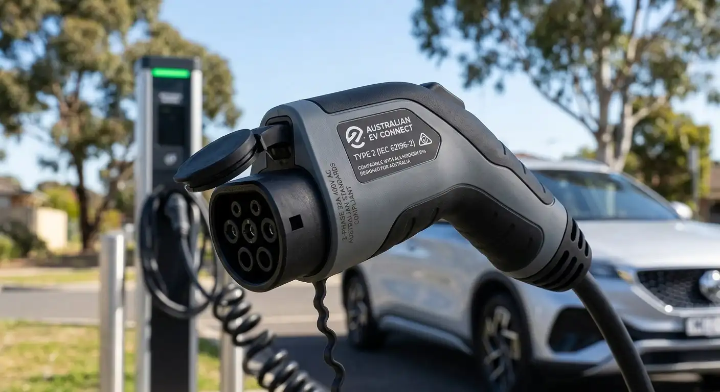 Close-up of a grey Type 2 electric vehicle charging plug with blurred car background.