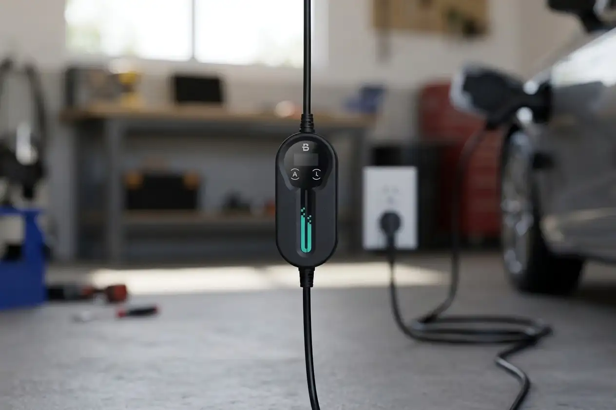 Portable EV charger control box hanging in a garage, connected to a silver electric car.