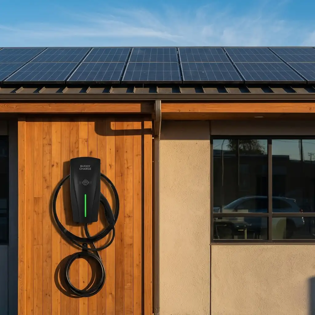 Black EV charger mounted on a wooden wall beneath a roof with solar panels.